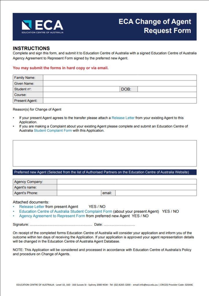 UC Sydney Hills Change of Agent form