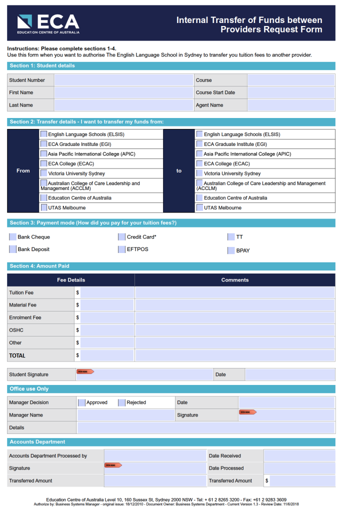Internal Transfer of Funds between Providers Request Form