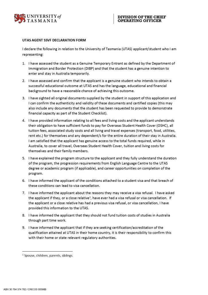 UTAS AGENT SSVF DECLARATION FORM