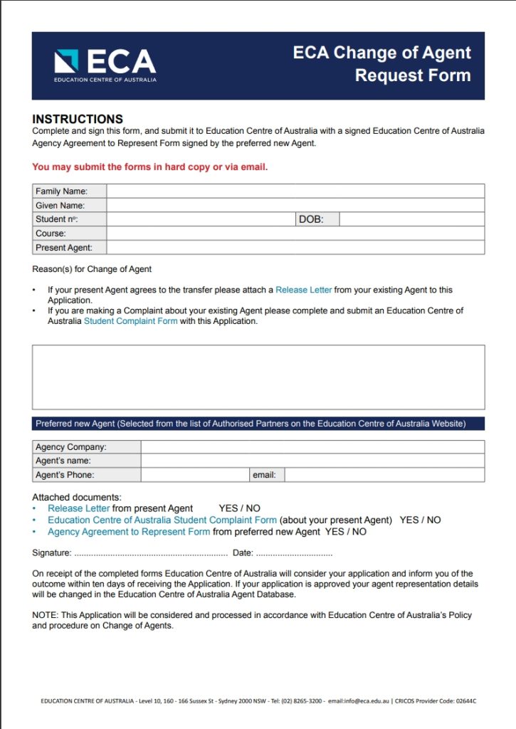 ECA Change of Agent form