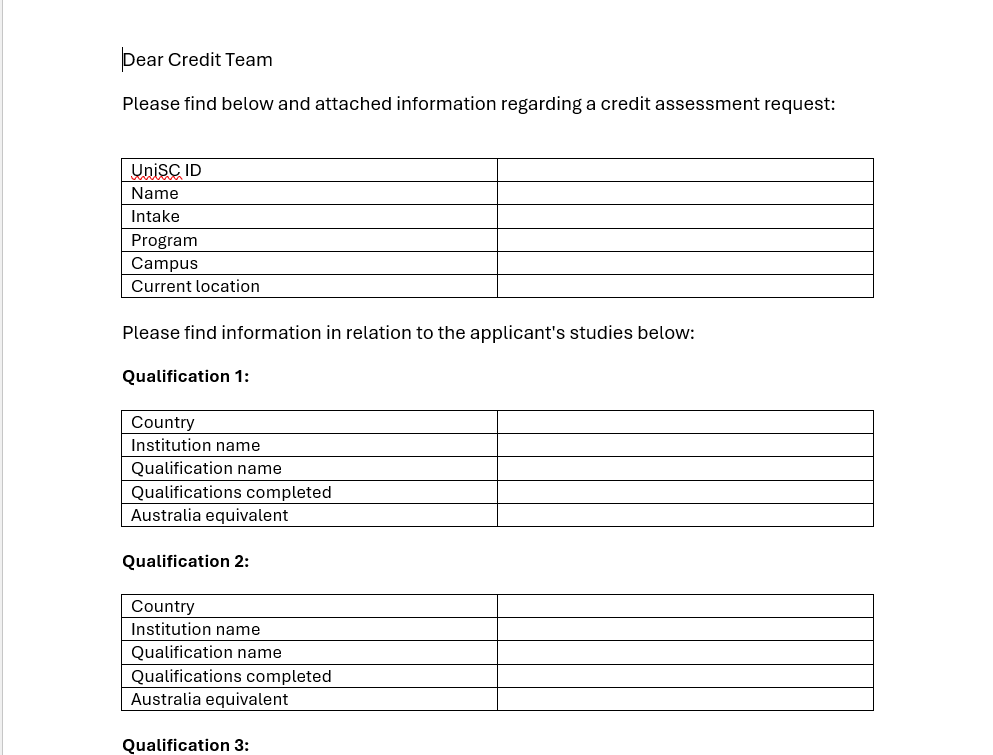 UniSC Adelaide - Credit assessment request