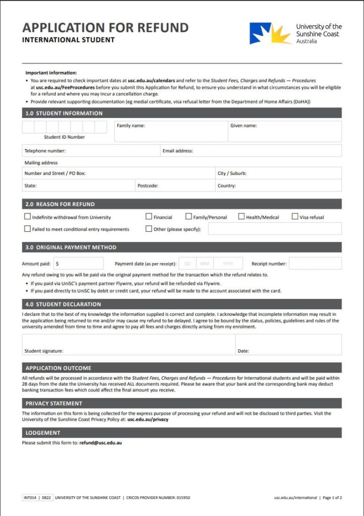 UniSC Adelaide - Refund form