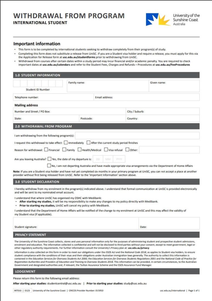 UniSC Adelaide - Withdraw form
